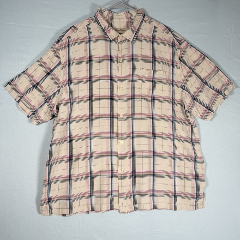 Tommy Bahama Size-XXL Men Short Sleeve Shirt Silk Plaid Button-Down Beige